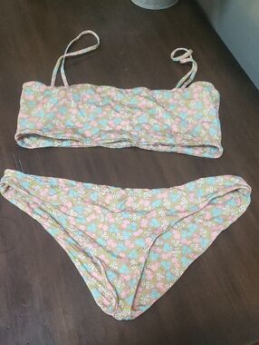Floral Bandeau Bikini Set in Pastel Pink and Mint